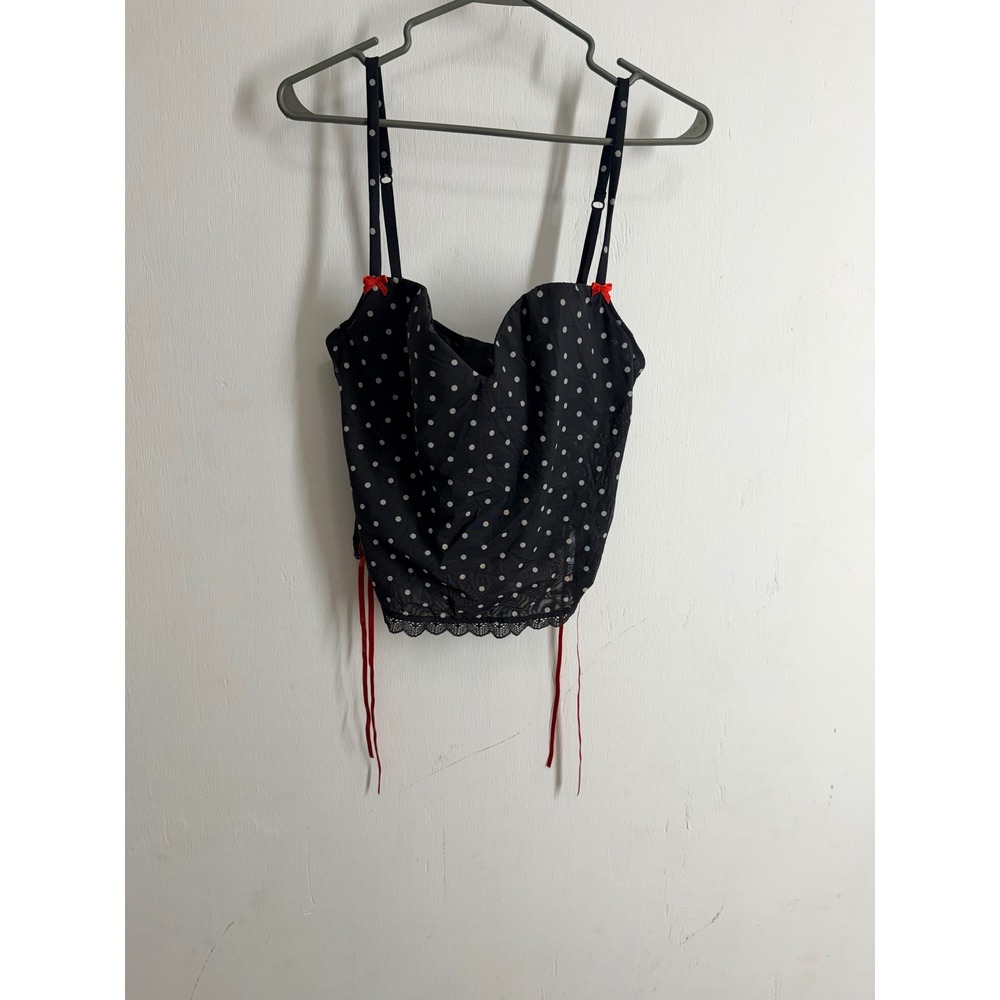 Victoria"s Secret Polka Dot Mesh Corset Top Black Red Bow Lace Trim Coquette L